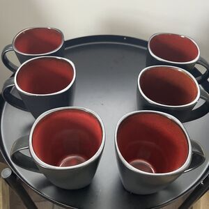 Coffee/Tea Cup Black & Red Stoneware Set Of 6